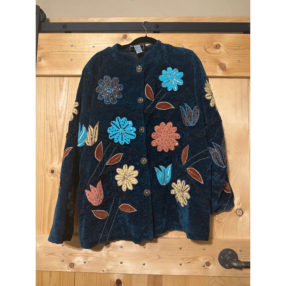 Indigo Moon Womens Velour Teal Embossed Flowers Button Down Jacket Size XL